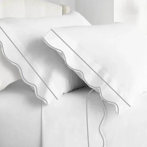 400TC Cotton Scallop Embroidery & Border Sateen Solid Sheet Set PushpLinen