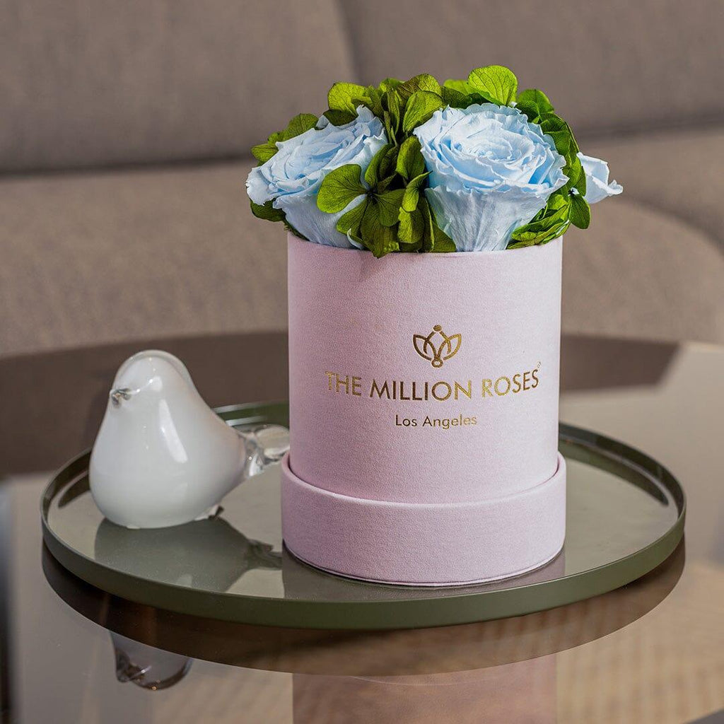 Pink suede garden box with light blue roses, soft fabric planter - House of Avana