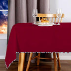 Scallop Embroidery Sateen Cotton Solid Table Cloth - Burgundy PushpLinen