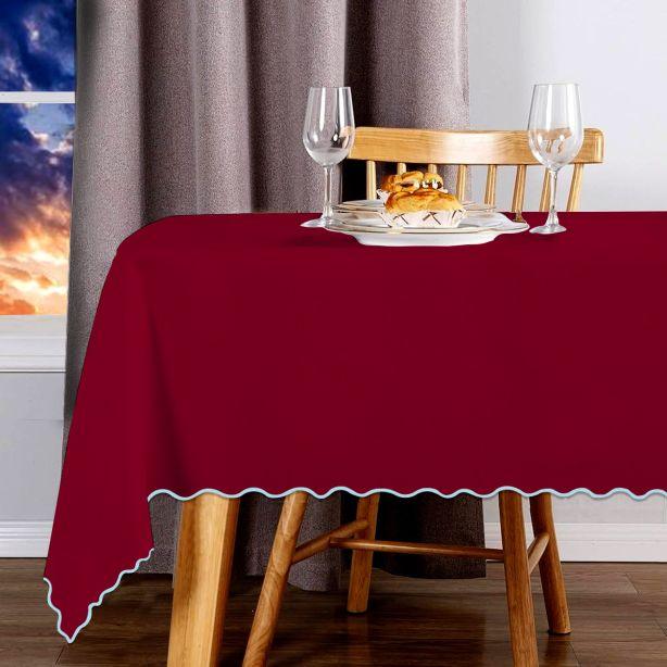 Scallop Embroidery Sateen Cotton Solid Table Cloth - Burgundy PushpLinen
