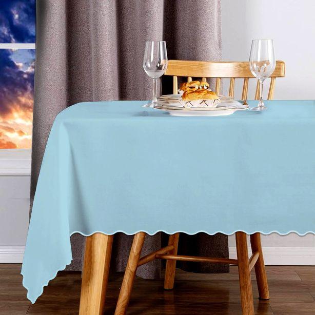 Scallop Embroidery Sateen Cotton Solid Table Cloth - Light Blue PushpLinen