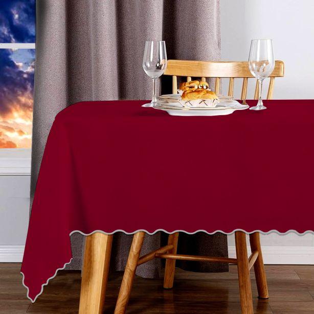 Scallop Embroidery Sateen Cotton Solid Table Cloth - Burgundy PushpLinen