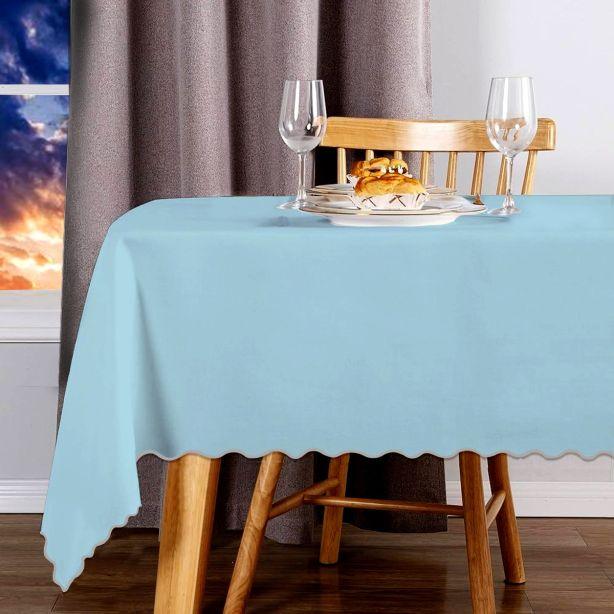 Scallop Embroidery Sateen Cotton Solid Table Cloth - Light Blue PushpLinen