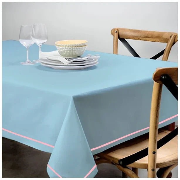 Single Embroidery Border Sateen Cotton Solid Table Cloth - Light Blue PushpLinen