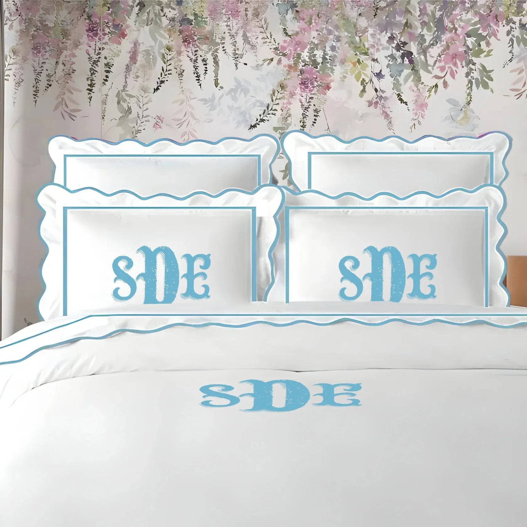 Monogram 400TC Cotton Scallop Embroidery & Border Sateen Solid Duvet Cover Set PushpLinen