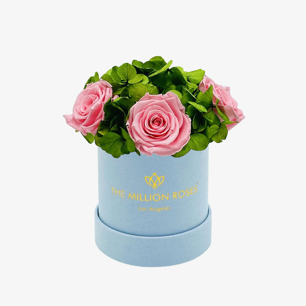 Basic Light Blue Suede Garden Box | Light Pink Roses The Million Roses