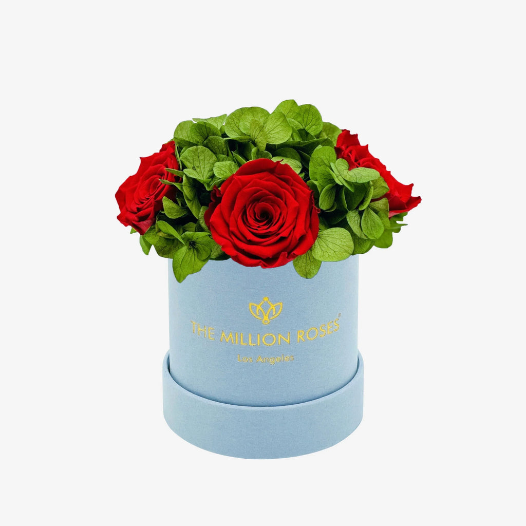 Basic Light Blue Suede Garden Box | Red Roses The Million Roses
