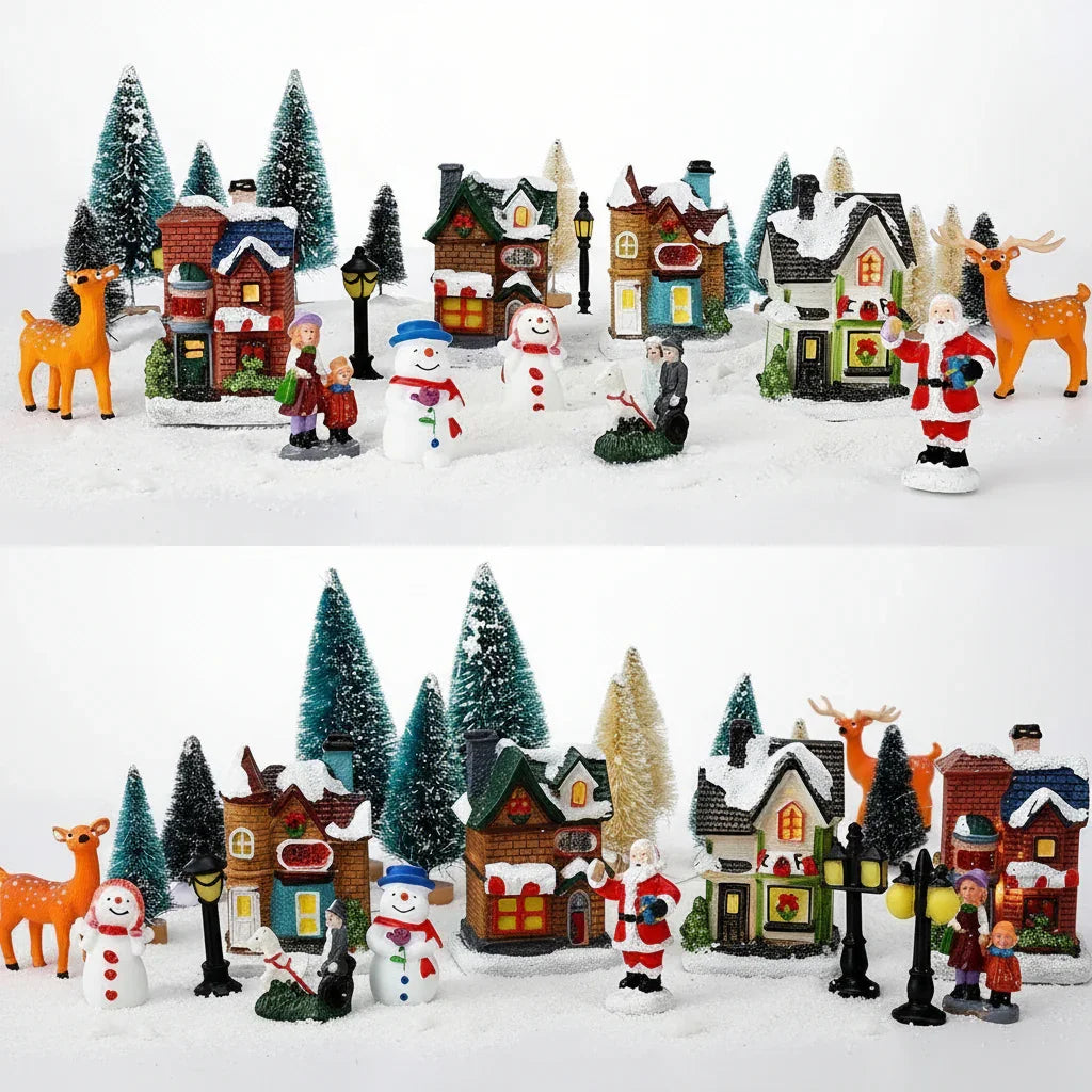 31pcs Lighted Christmas Village Figurine Set with Snowy Houses, Trees & Santa - Battery-Powered (AA Batteries Not Included) Resin/Metal/Vinyl Xmas Town Scene with Warm White Lights, Snowy Roof & Ground Decorations for Indoor/ House Of Avana