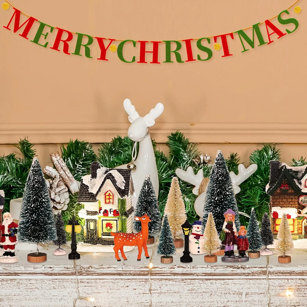 31pcs Lighted Christmas Village Figurine Set with Snowy Houses, Trees & Santa - Battery-Powered (AA Batteries Not Included) Resin/Metal/Vinyl Xmas Town Scene with Warm White Lights, Snowy Roof & Ground Decorations for Indoor/ House Of Avana