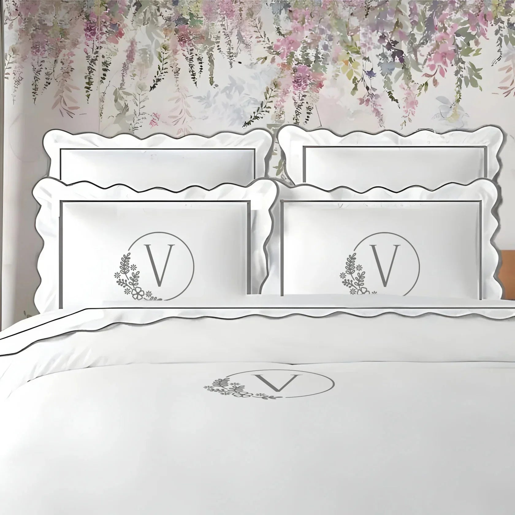 Monogram 400TC Cotton Scallop Embroidery & Border Sateen Solid Duvet Cover Set PushpLinen