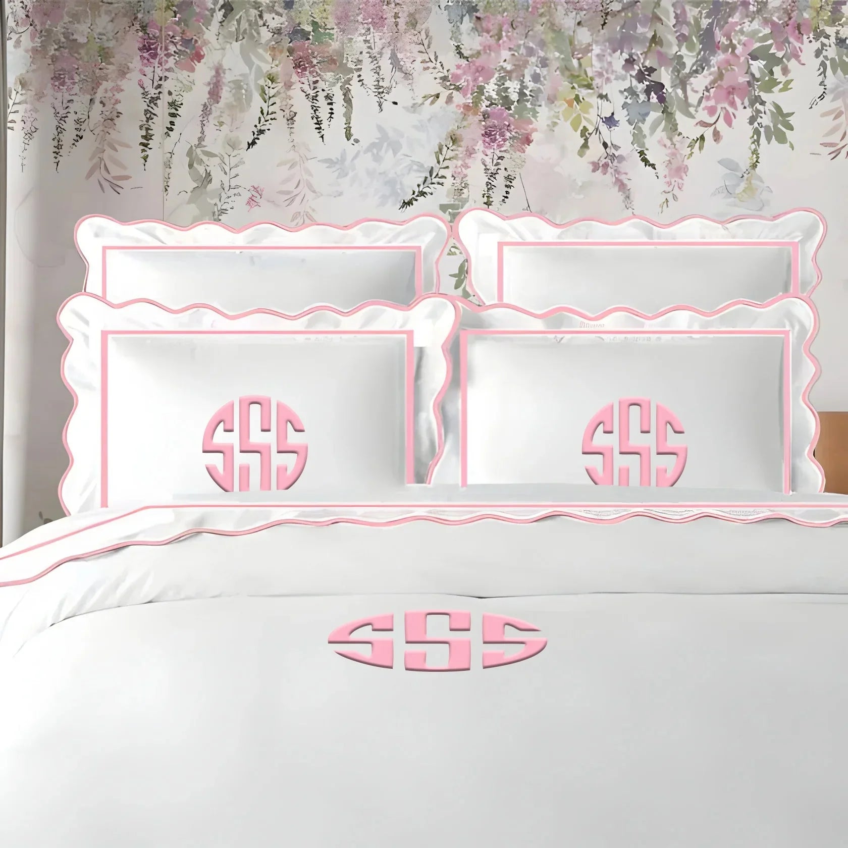 Monogram 400TC Cotton Scallop Embroidery & Border Sateen Solid Duvet Cover Set PushpLinen