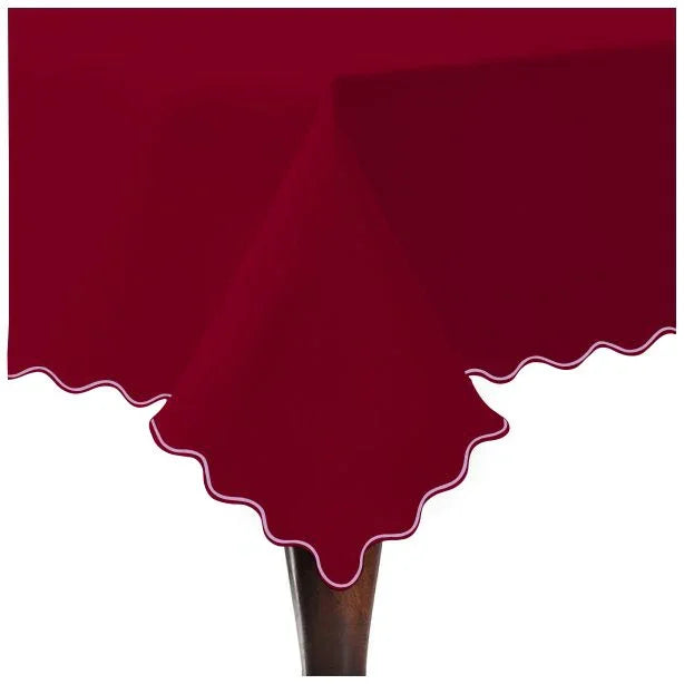 Scallop Embroidery Sateen Cotton Solid Table Cloth - Burgundy PushpLinen