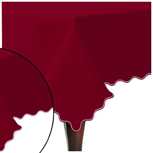 Scallop Embroidery Sateen Cotton Solid Table Cloth - Burgundy PushpLinen