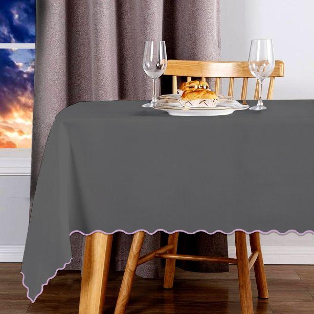 Scallop Embroidery Sateen Cotton Solid Table Cloth - Dark Grey PushpLinen