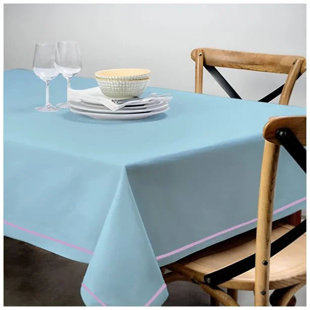 Single Embroidery Border Sateen Cotton Solid Table Cloth - Light Blue PushpLinen
