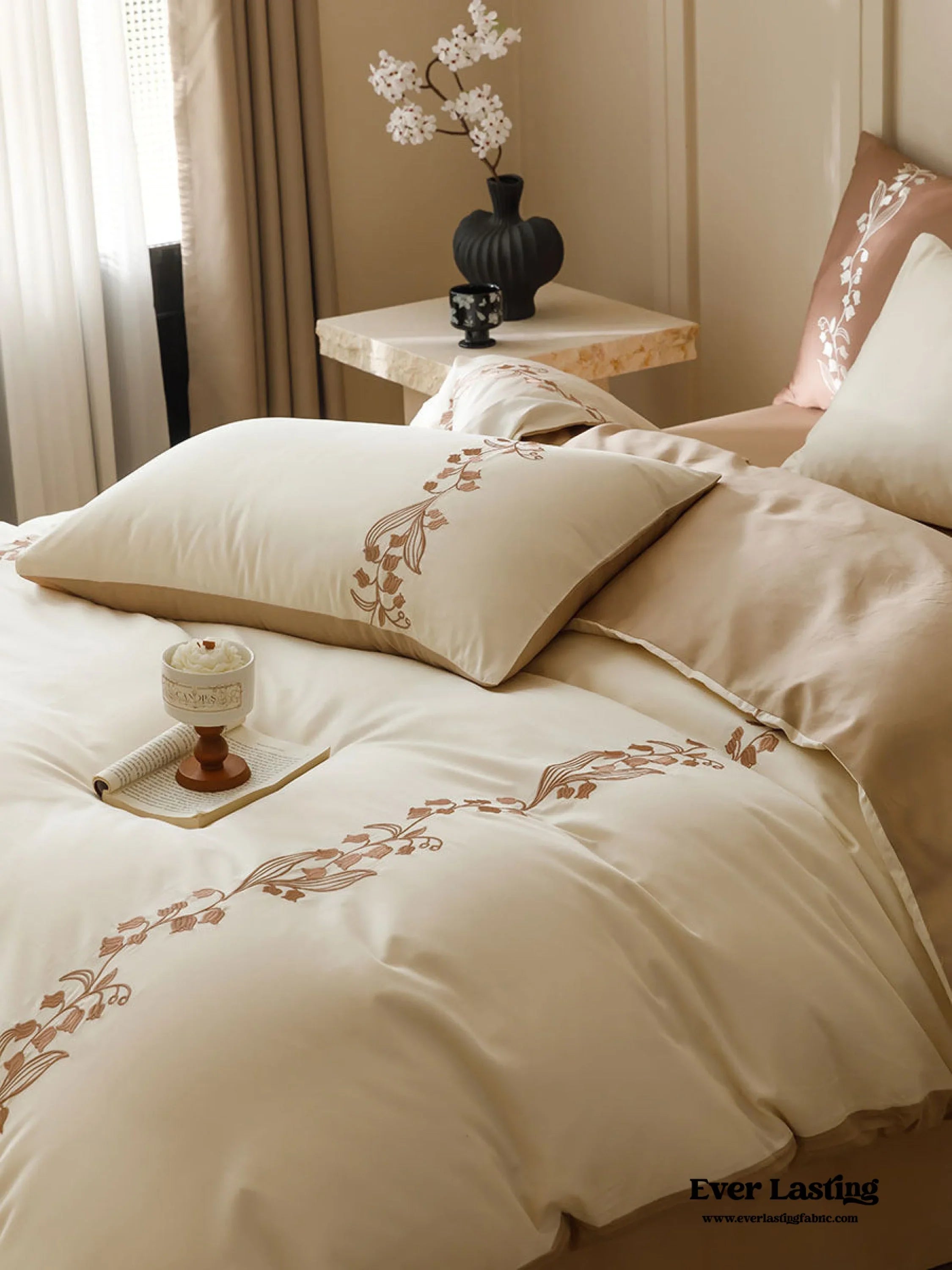 Lily of the Valley Embroidered Silky Bedding Set / Brown Ever Lasting