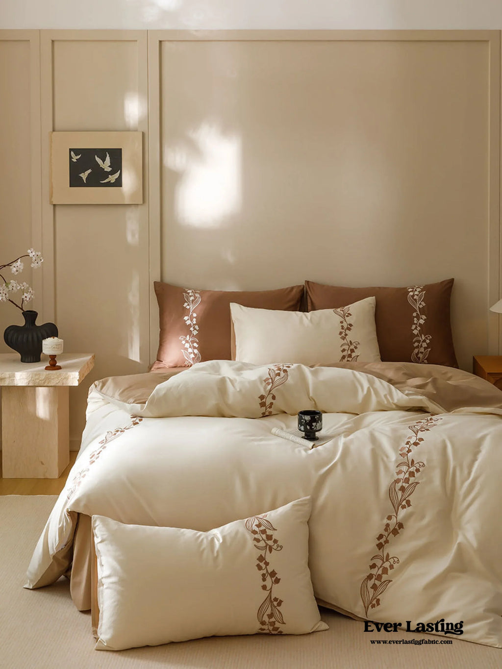 Lily of the Valley Embroidered Silky Bedding Set / Brown Ever Lasting