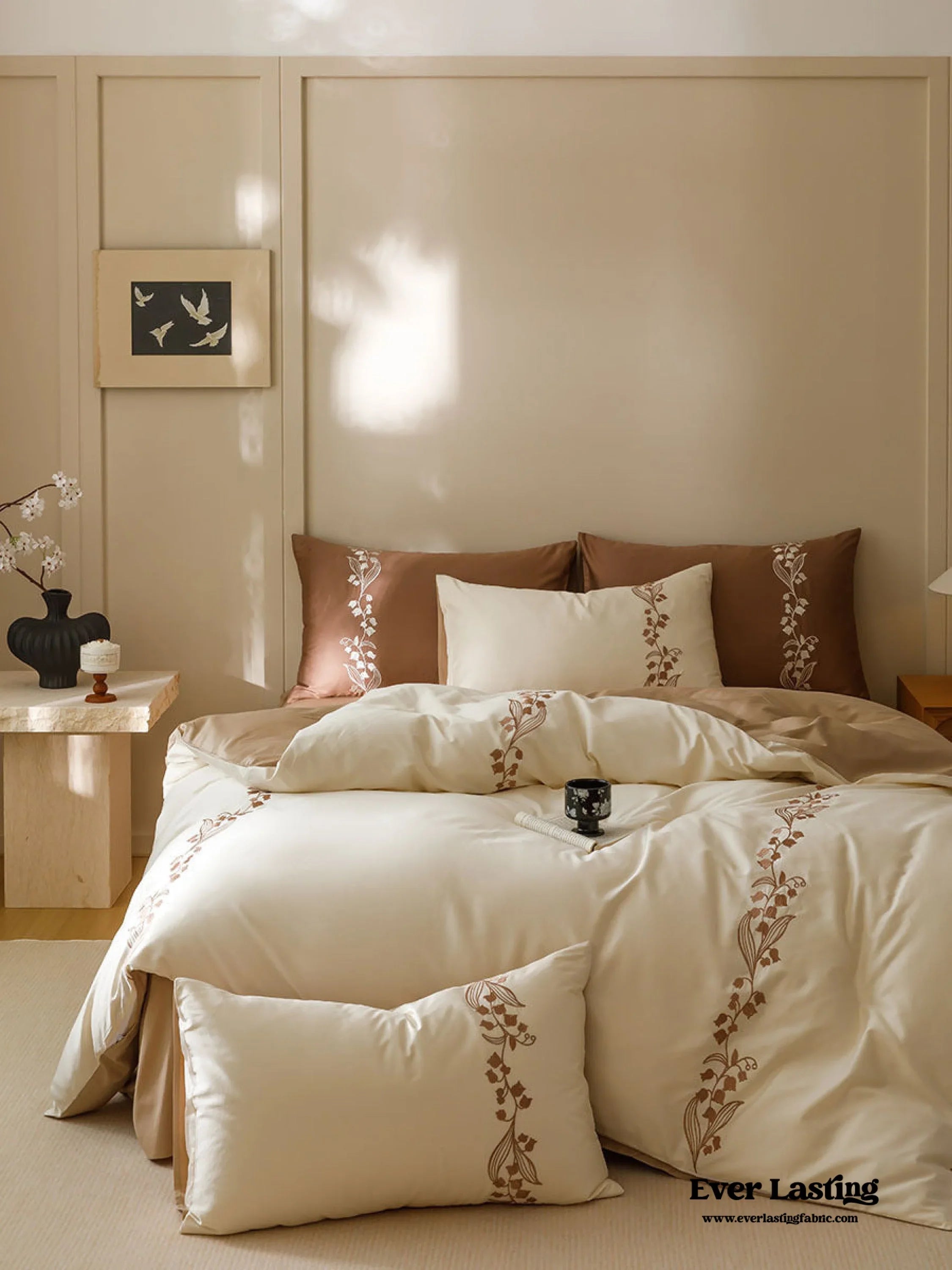 Lily of the Valley Embroidered Silky Bedding Set / Brown Ever Lasting