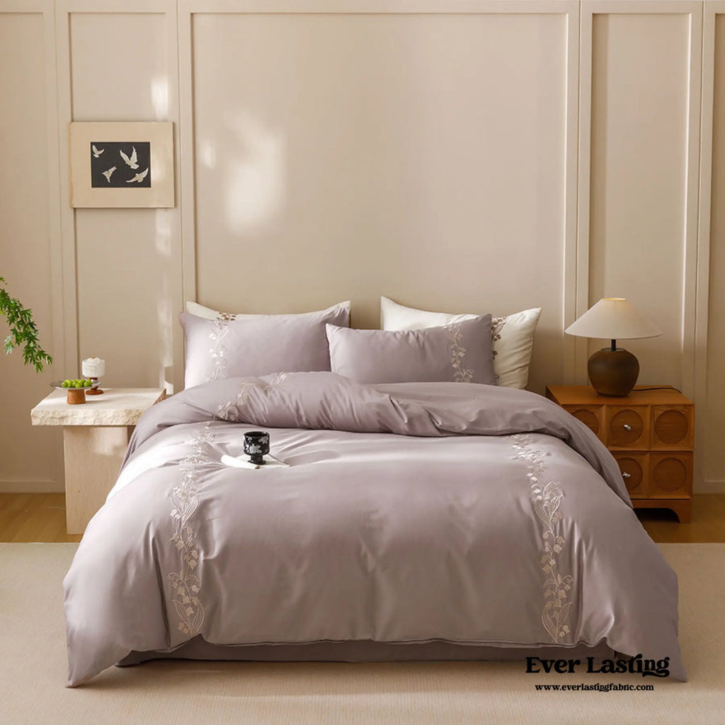 Lily of the Valley Embroidered Silky Bedding Set / Brown Ever Lasting