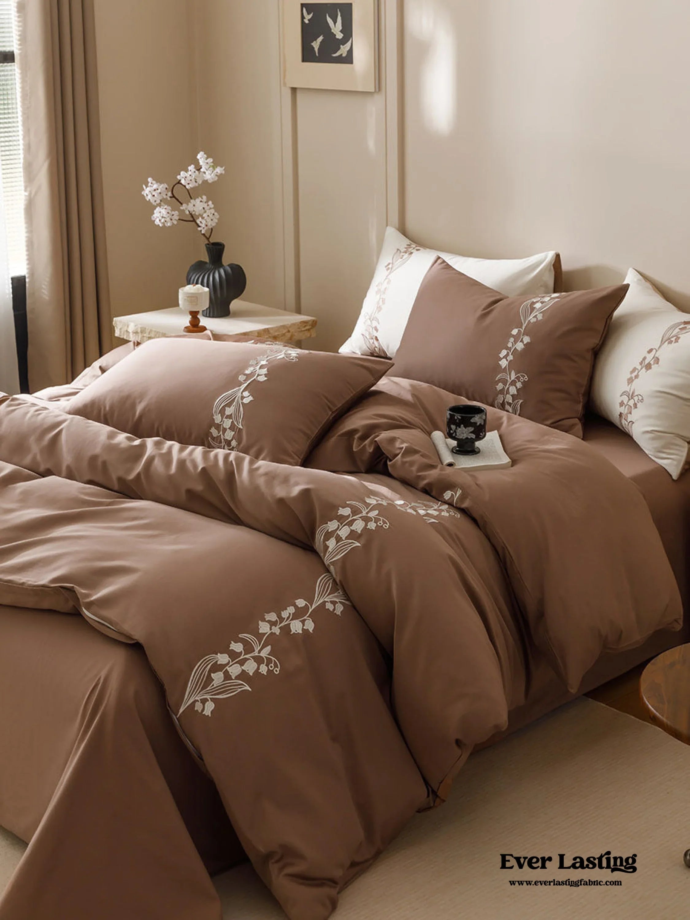 Lily of the Valley Embroidered Silky Bedding Set / Brown Ever Lasting