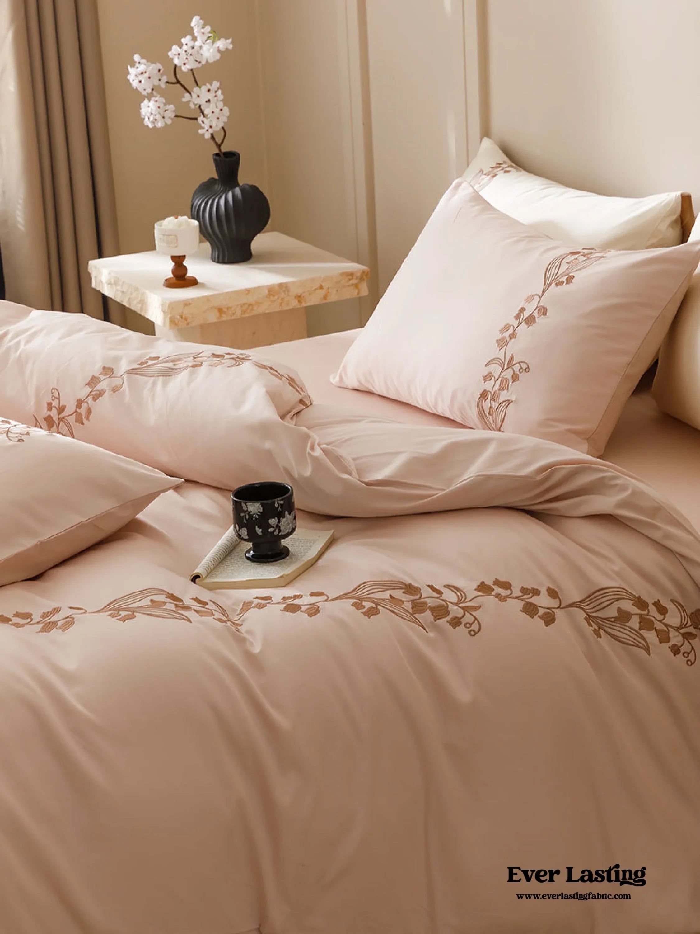 Lily of the Valley Embroidered Silky Bedding Set / Brown Ever Lasting