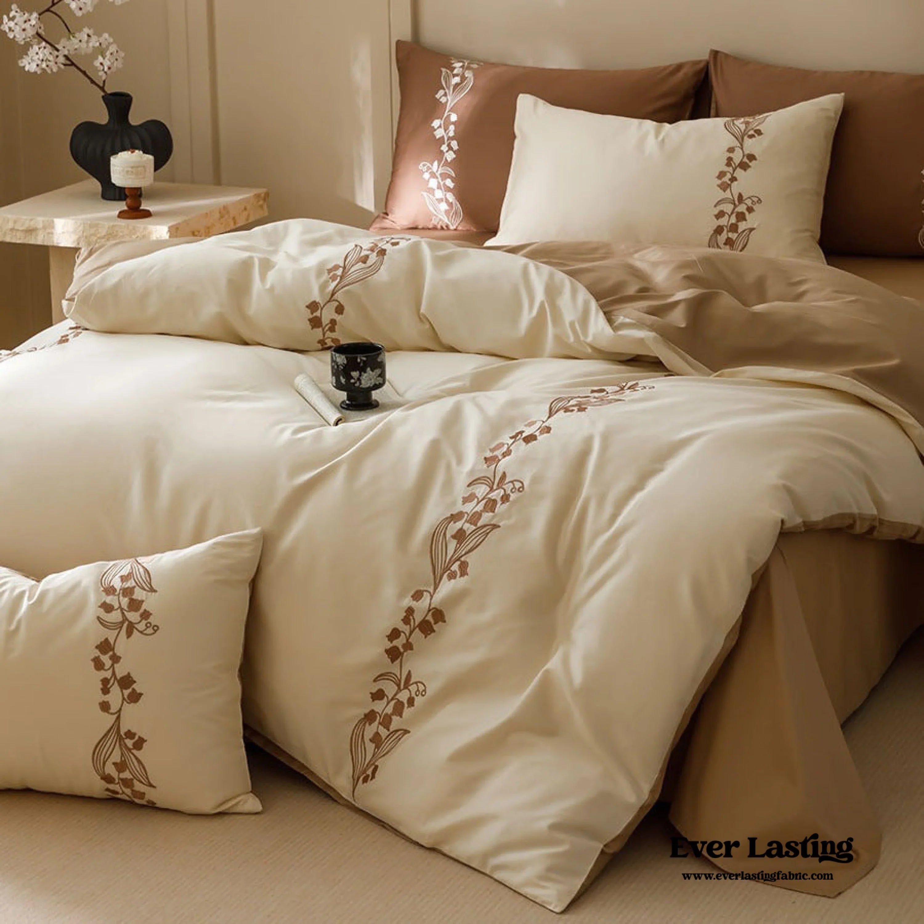 Lily of the Valley Embroidered Silky Bedding Set / Brown Ever Lasting