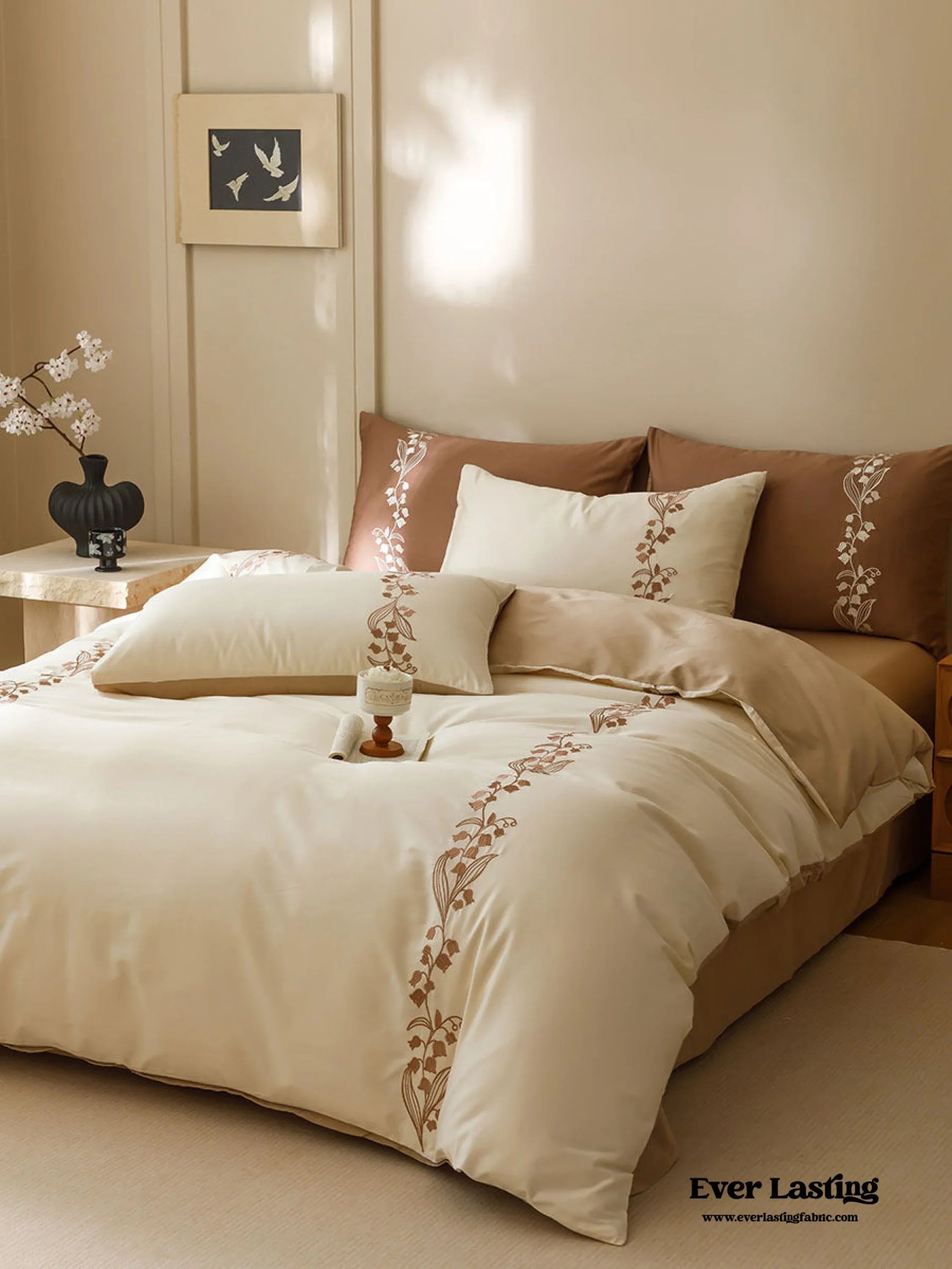 Lily of the Valley Embroidered Silky Bedding Set / Brown Ever Lasting