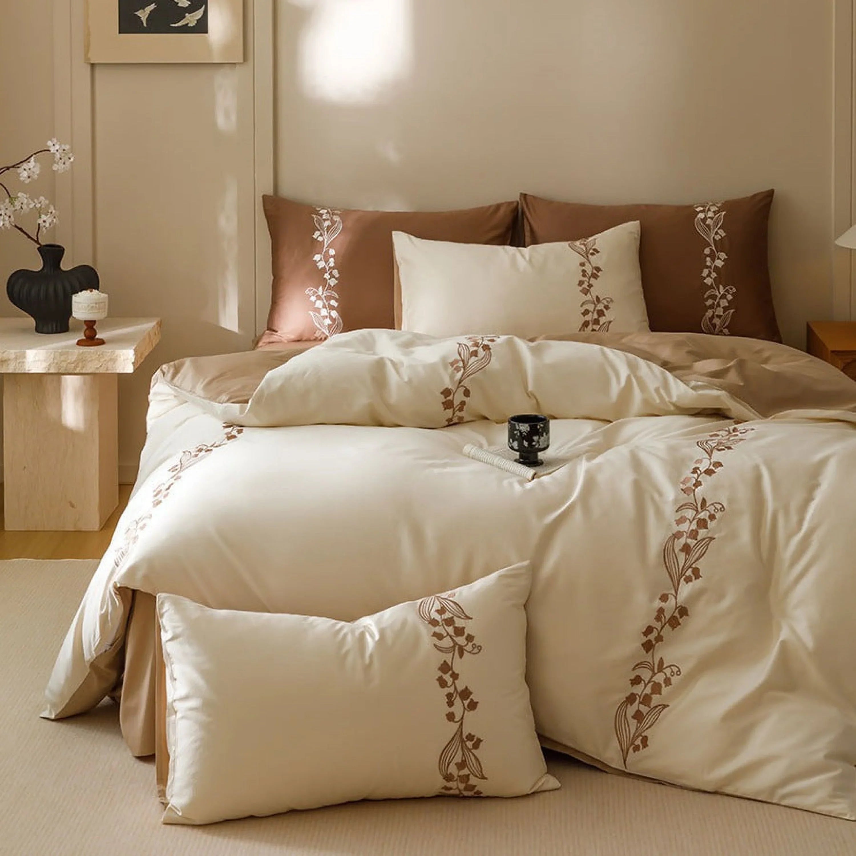 Lily of the Valley Embroidered Silky Bedding Set / Brown Ever Lasting