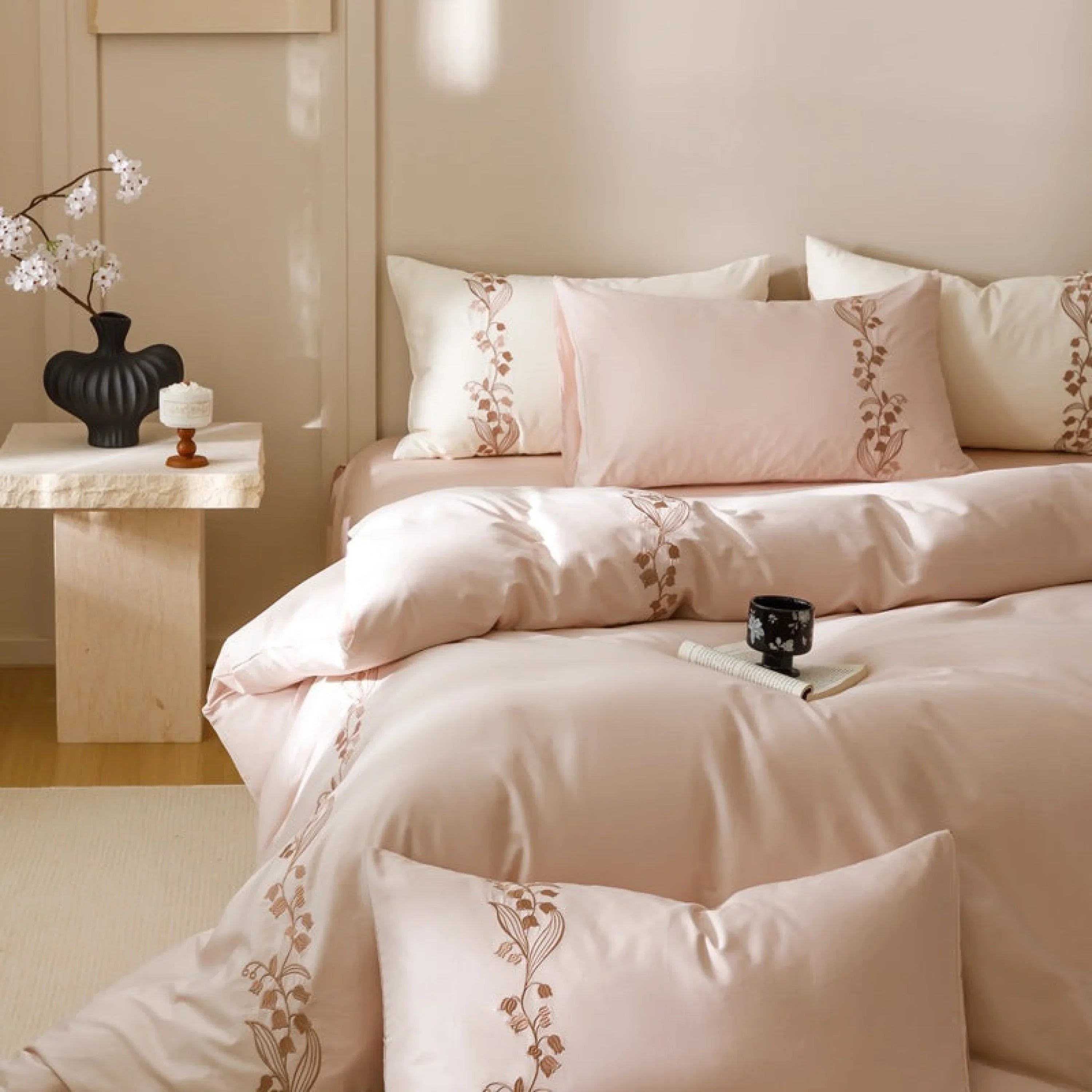 Lily of the Valley Embroidered Silky Bedding Set / Brown Ever Lasting