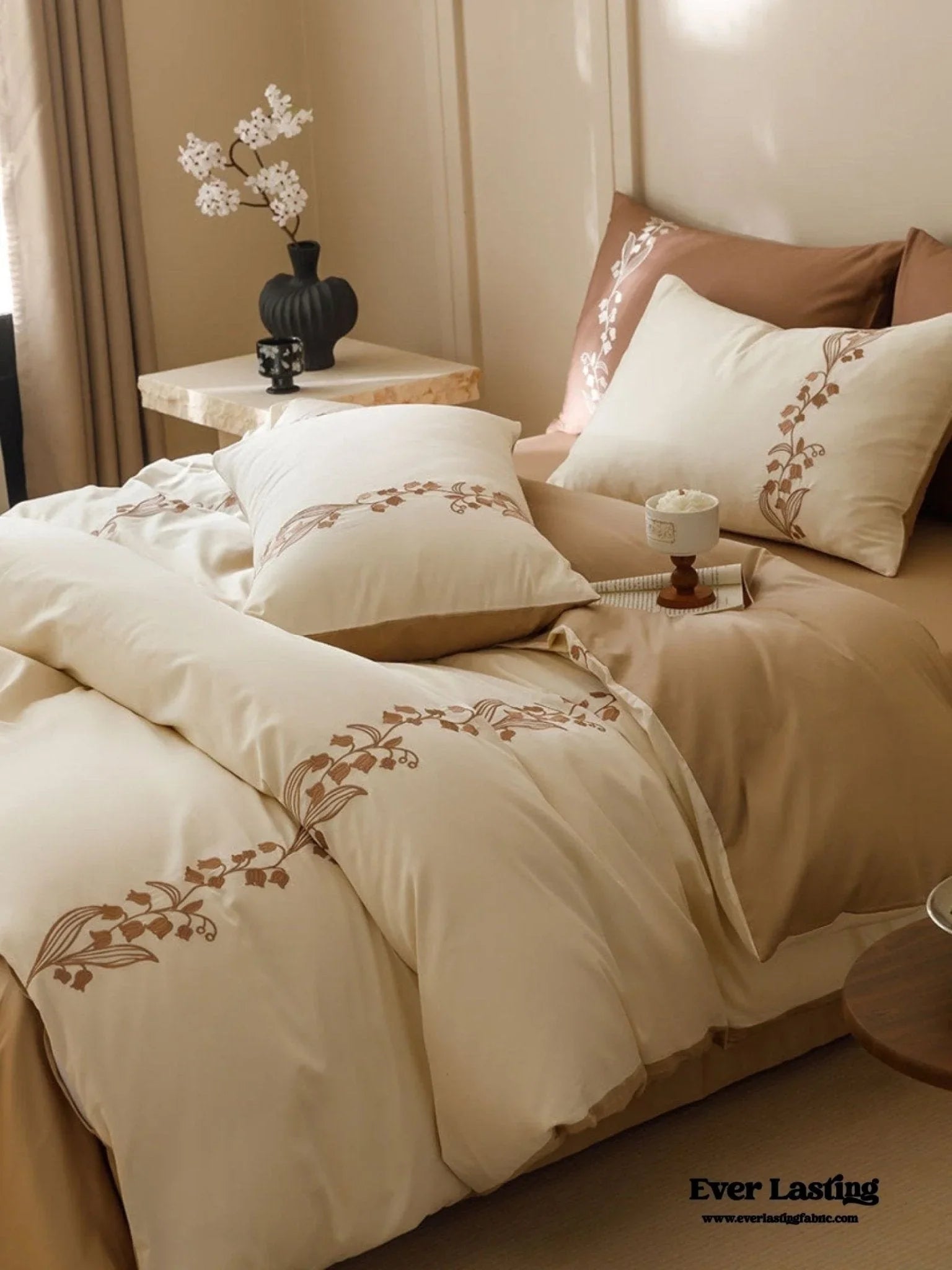 Lily of the Valley Embroidered Silky Bedding Set / Pink Ever Lasting