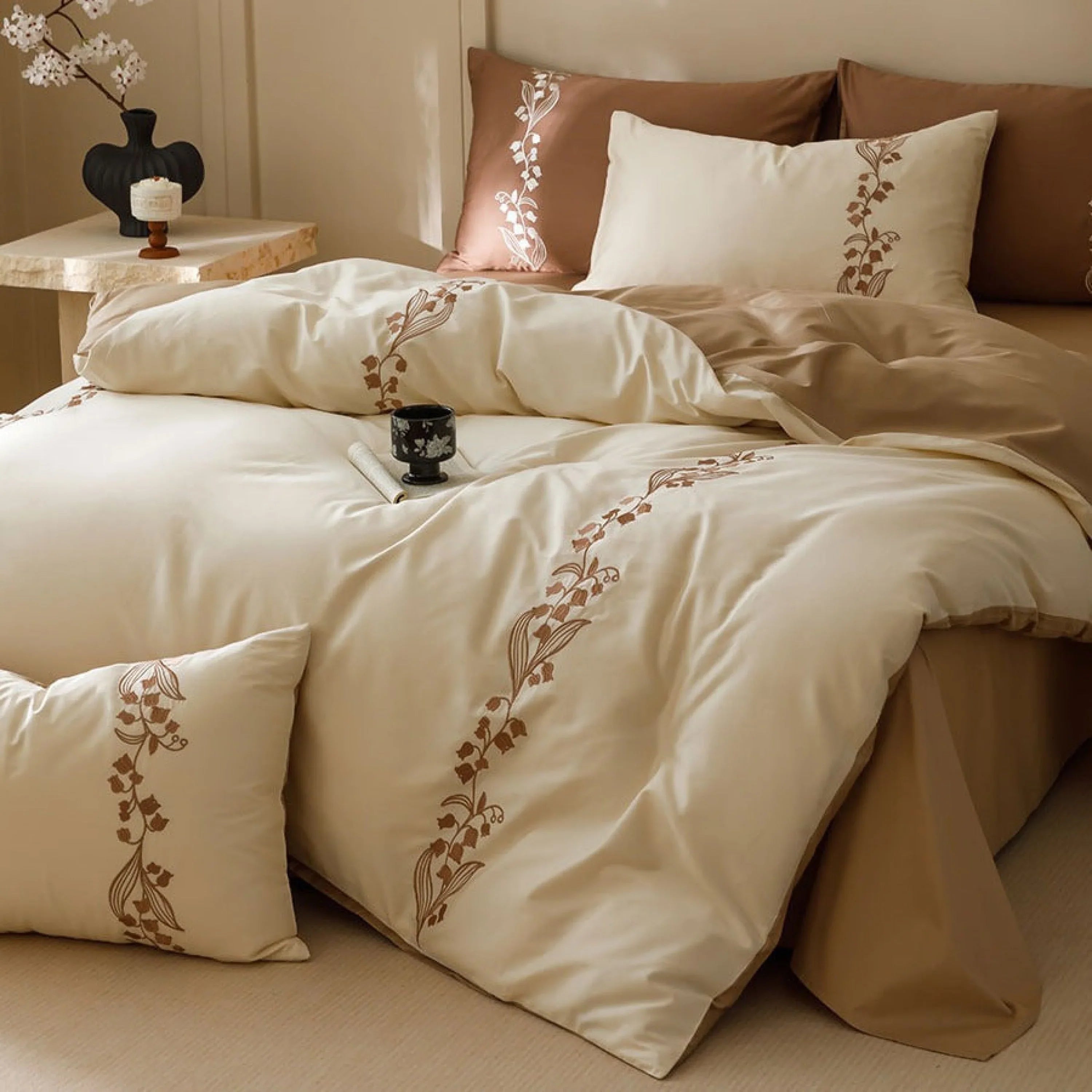 Lily of the Valley Embroidered Silky Bedding Set / Pink Ever Lasting