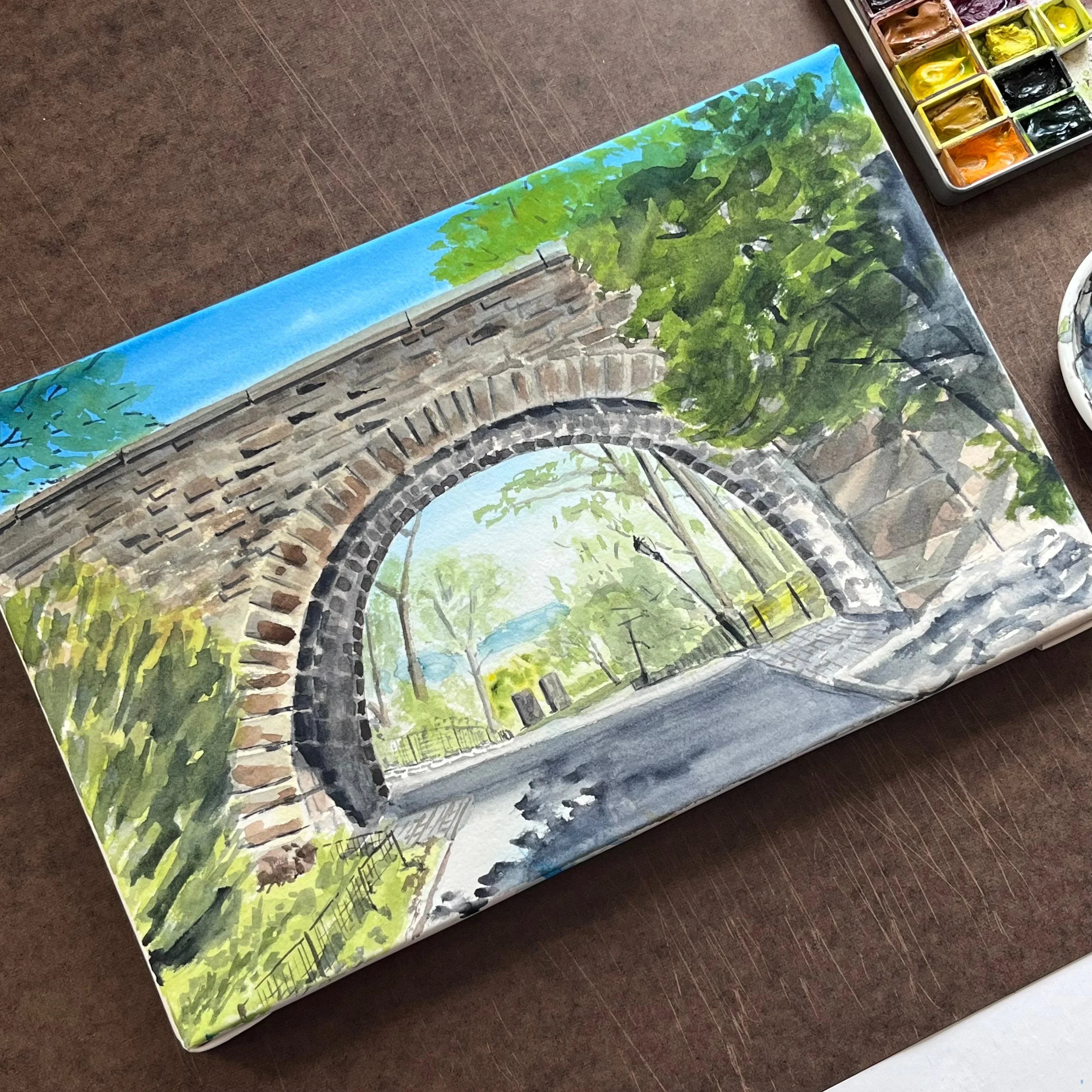 Linden Terrace Arch, Watercolor, Plein Air, side view - House Of Avana