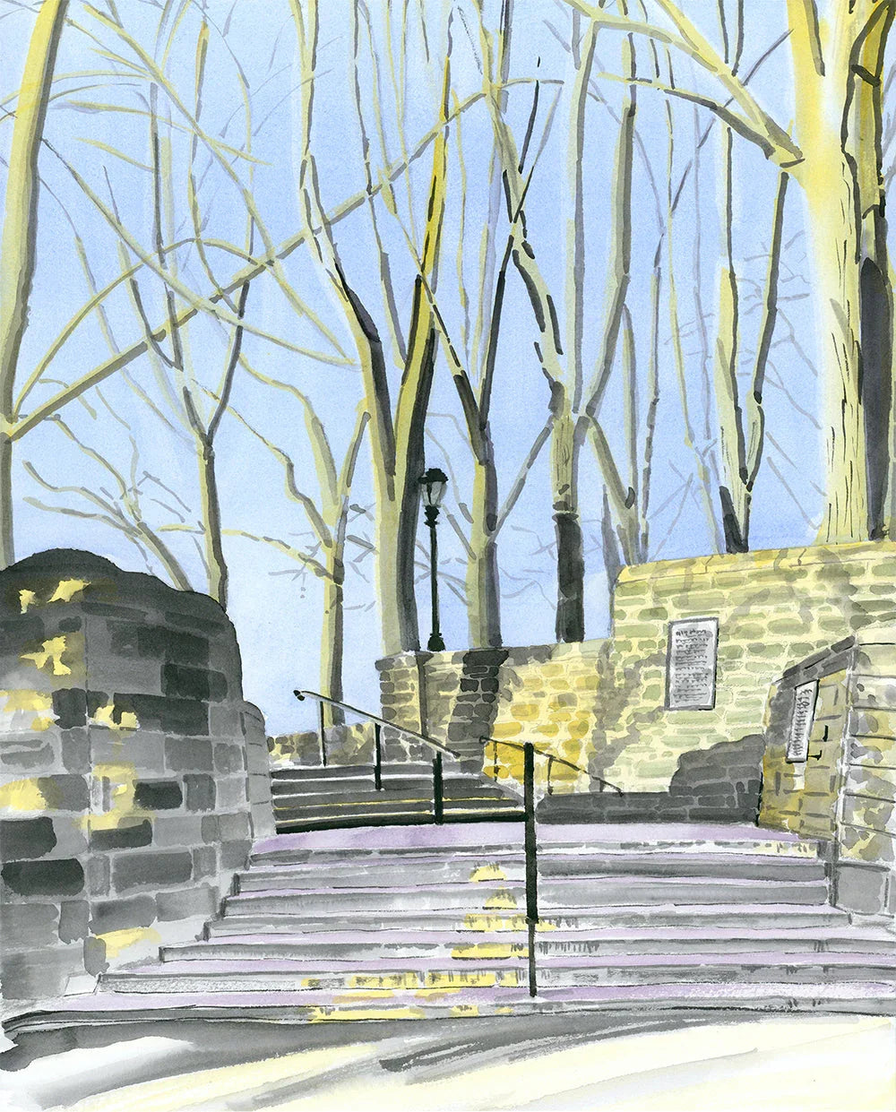Linden Terrace Stairs, Fort Tryon, Watercolor, Sunset, front view - House Of Avana