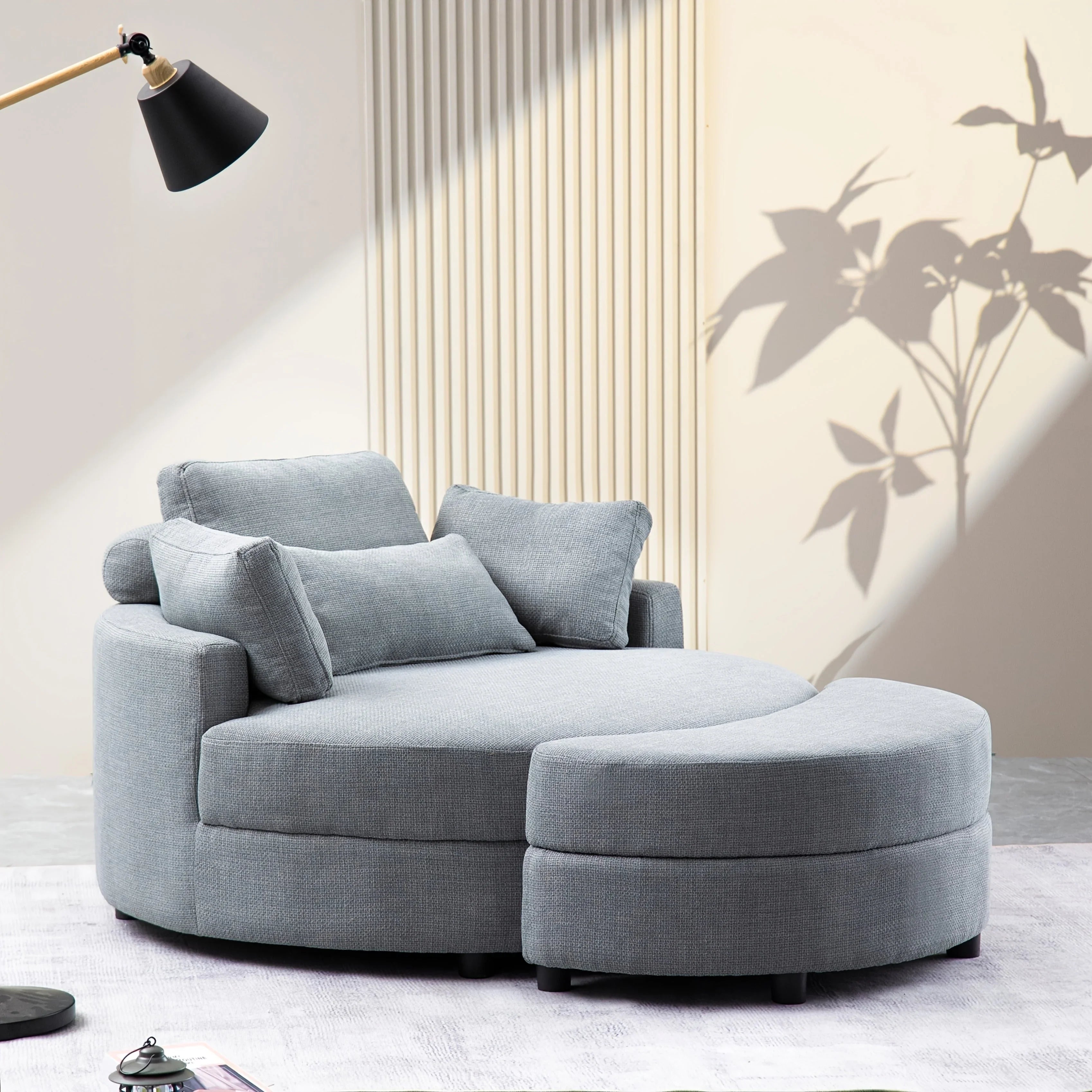 Beige linen chair with storage ottoman, upholstered furniture - House of Avana