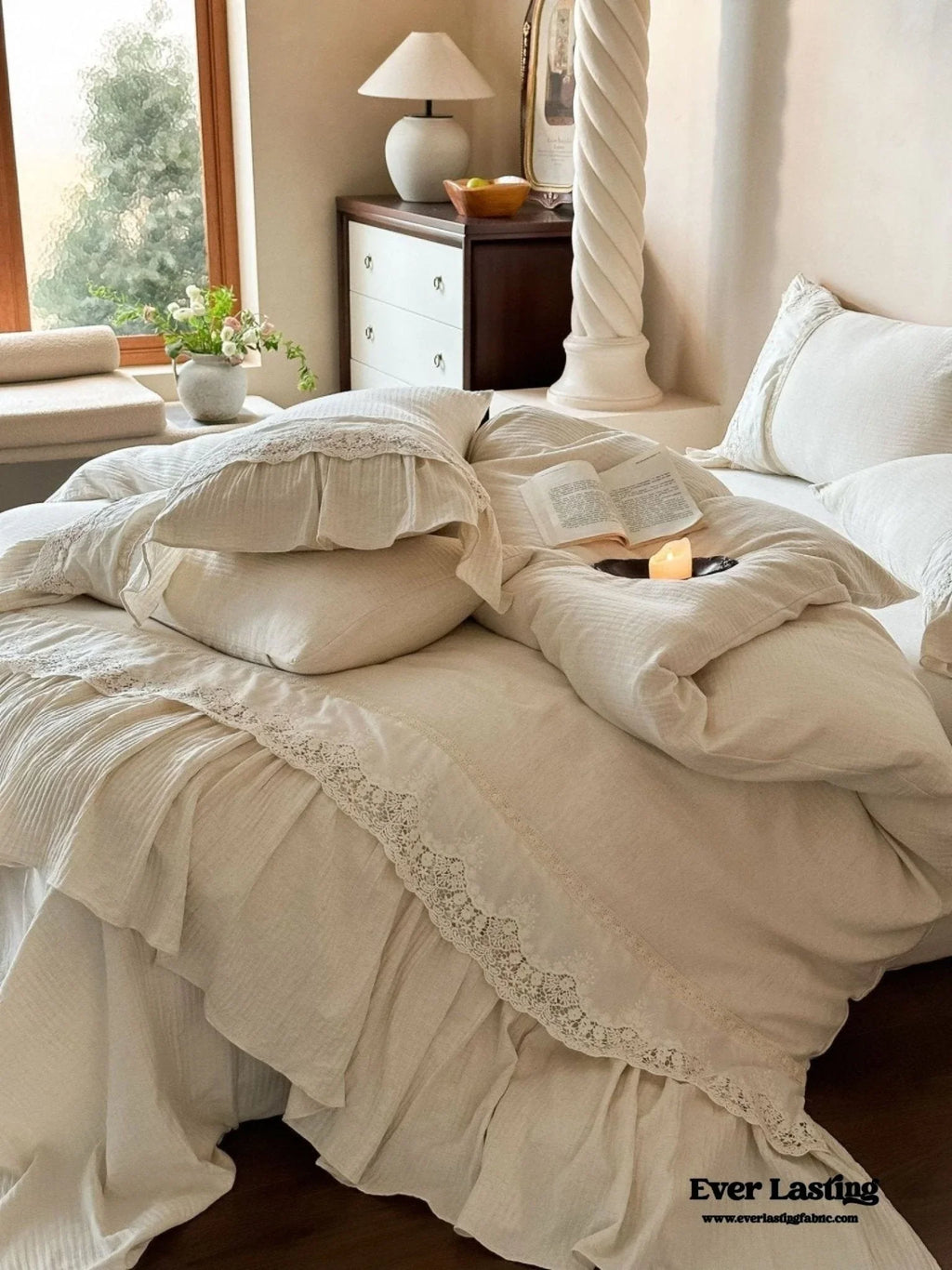 Amelie Lace Embroidered Linen Cotton Bedding Set, close-up view - House Of Avana