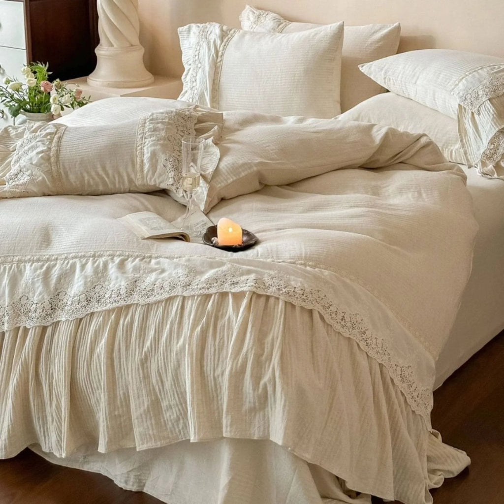 Amelie Lace Embroidered Linen Cotton Bedding Set, front view - House Of Avana