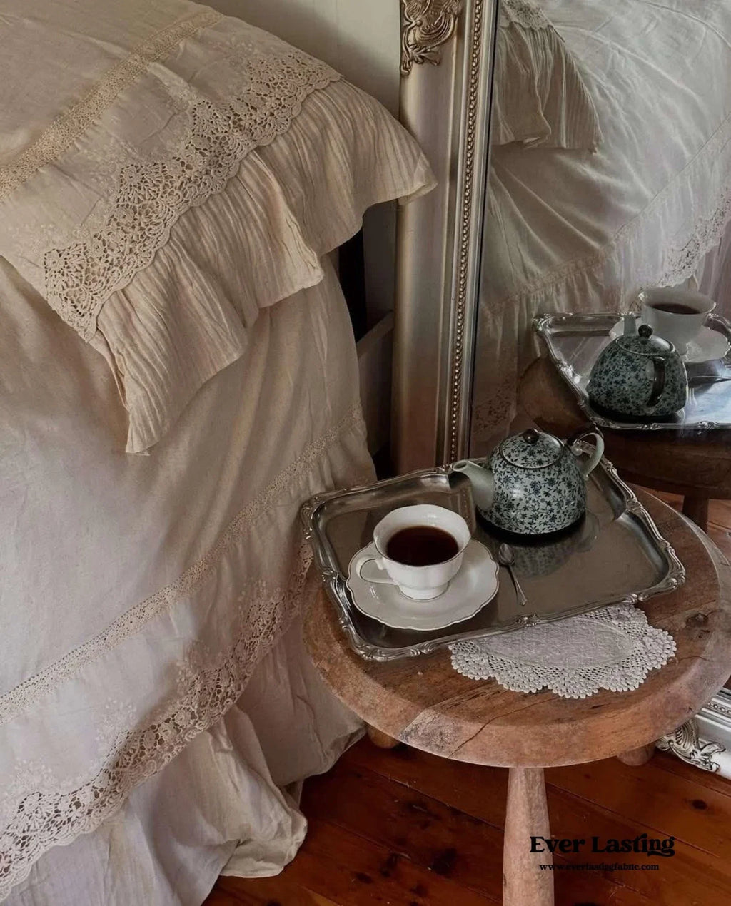 Amelie Lace Embroidered Linen Cotton Bedding Set, lifestyle image - House Of Avana