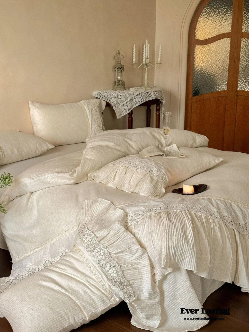 Amelie Lace Embroidered Linen Cotton Bedding Set, texture detail - House Of Avana