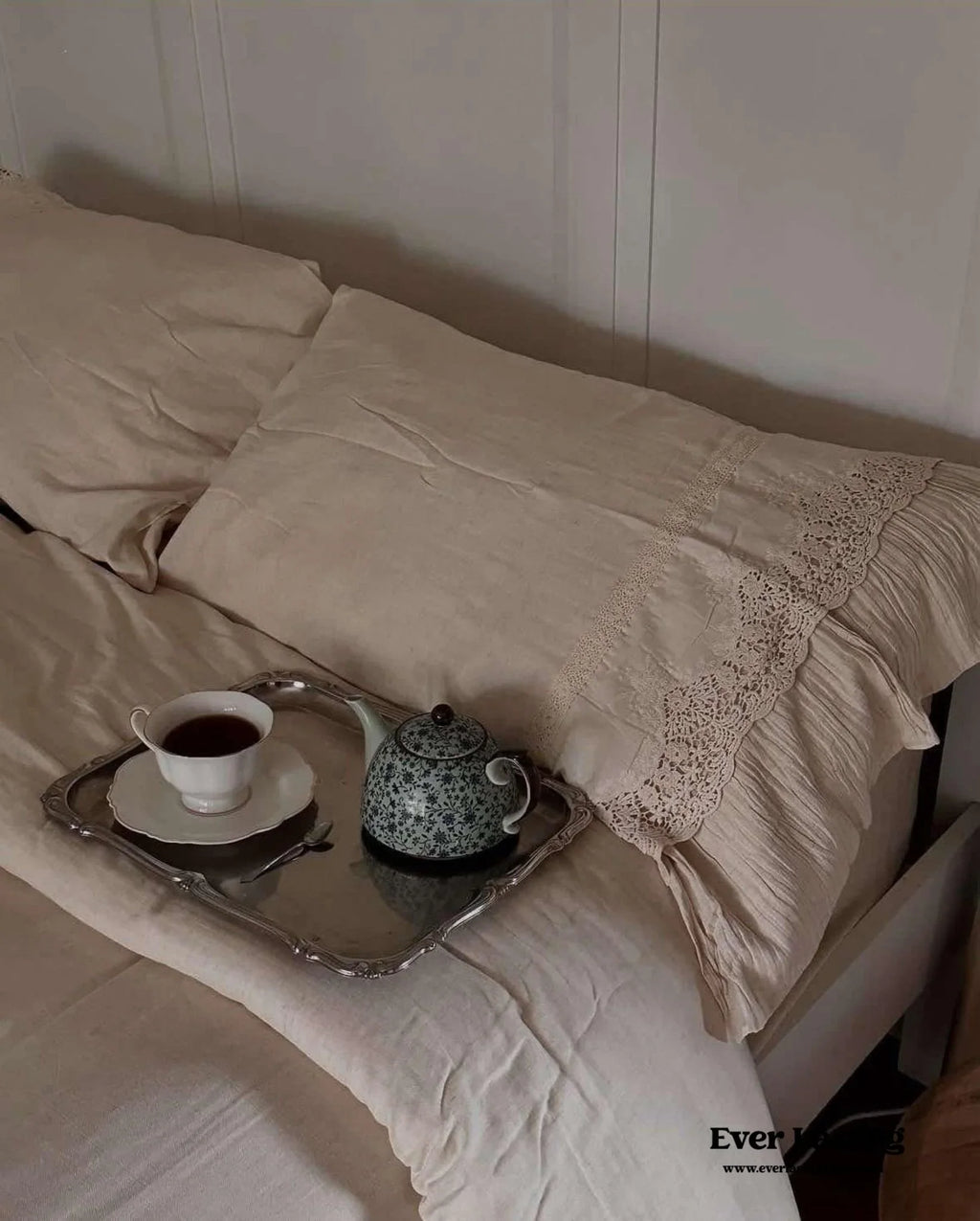 Amelie Lace Embroidered Linen Cotton Bedding Set, top view - House Of Avana