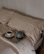 Amelie Lace Embroidered Linen Cotton Bedding Set, top view - House Of Avana