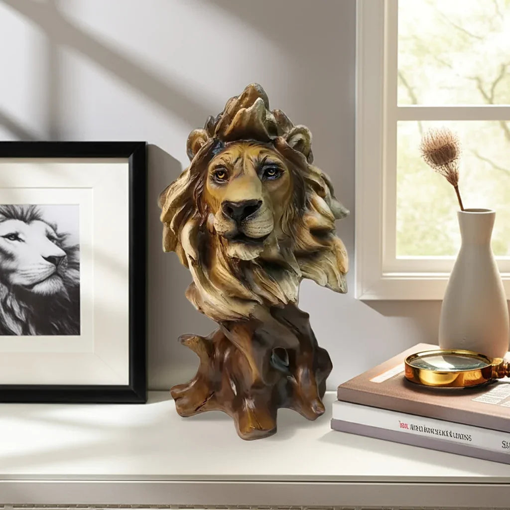 Bronze lion head statue, intricately detailed mane, majestic home décor - House of Avana