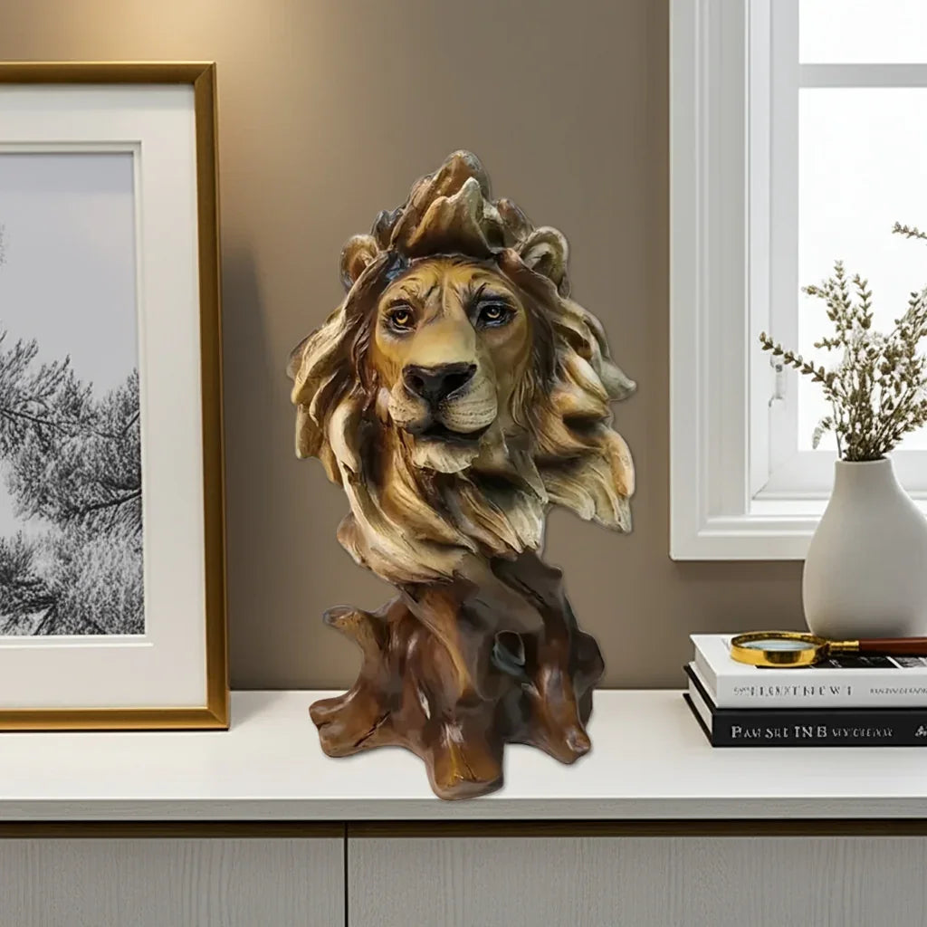Bronze lion head statue, intricately detailed mane, majestic home décor - House of Avana