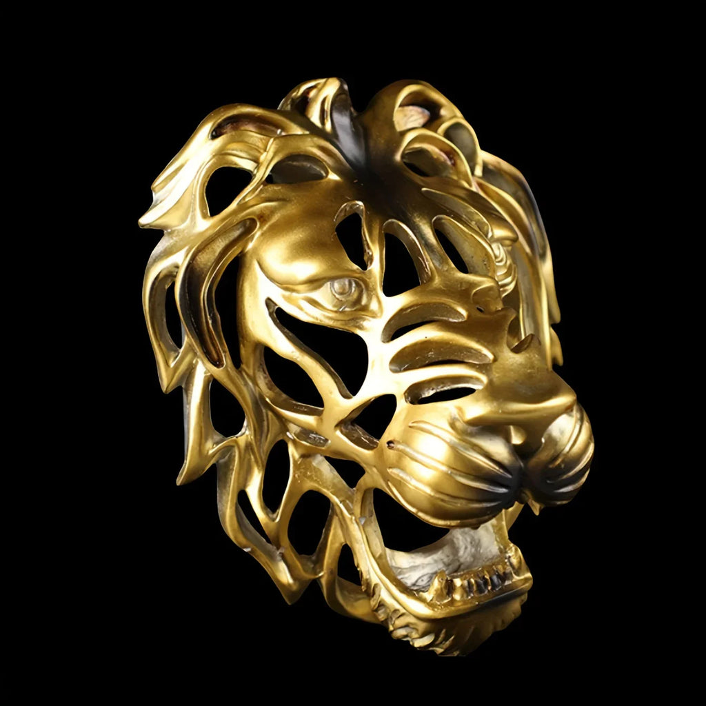 Bronze lion head wall sculpture, hollow design, metallic finish - House of Avana