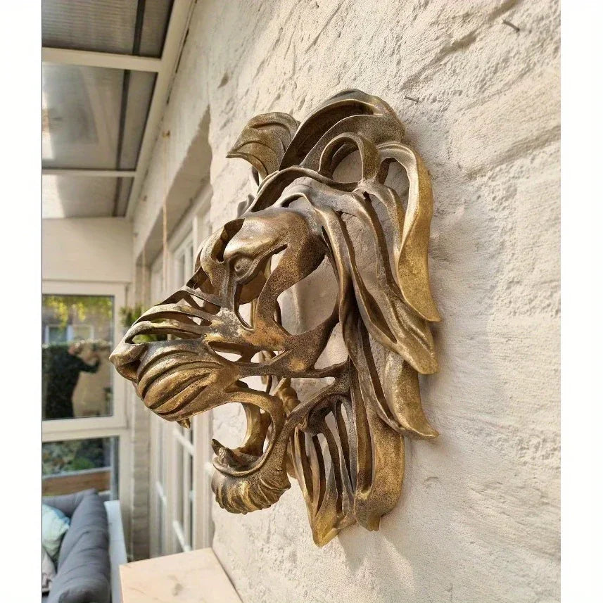 Large Lion Wall Mounted Art Sculpture Gold Resin Decor - House Of Avana