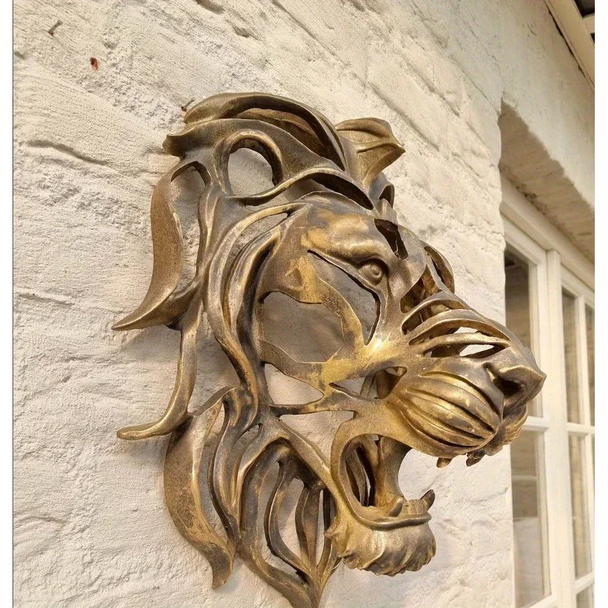 Large Lion Wall Mounted Art Sculpture Gold Resin Decor - House Of Avana