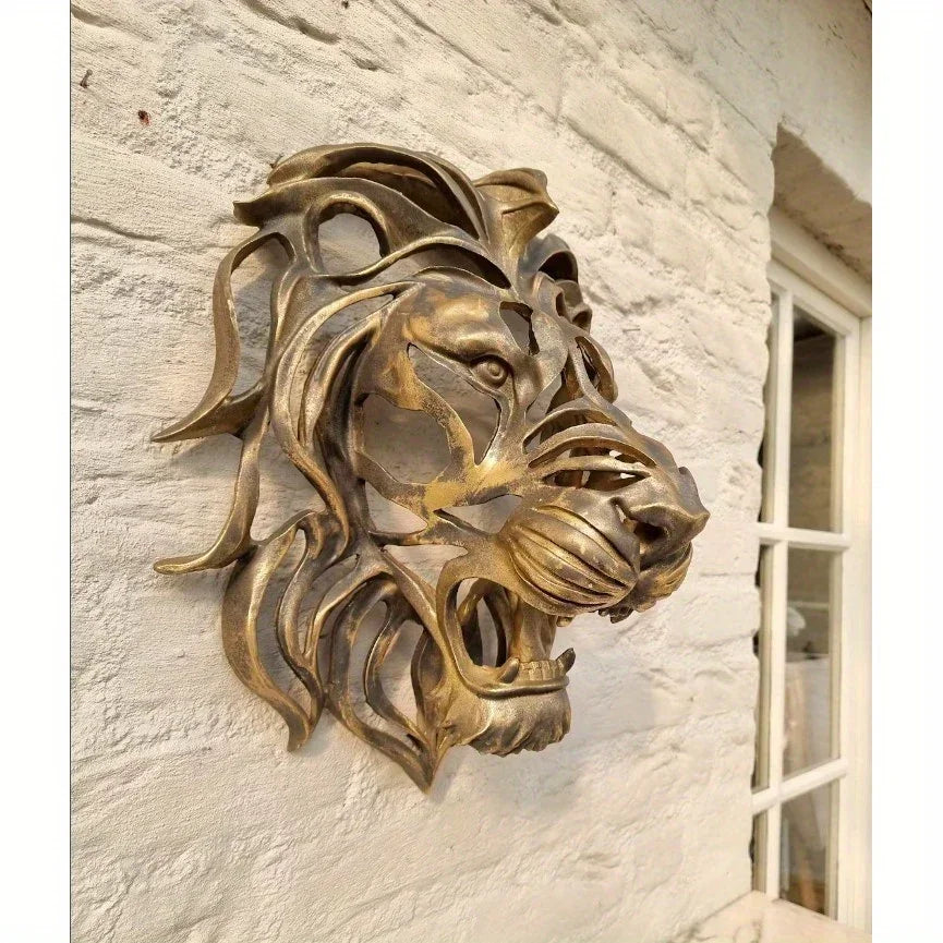Large Lion Wall Mounted Art Sculpture Gold Resin Decor - House Of Avana