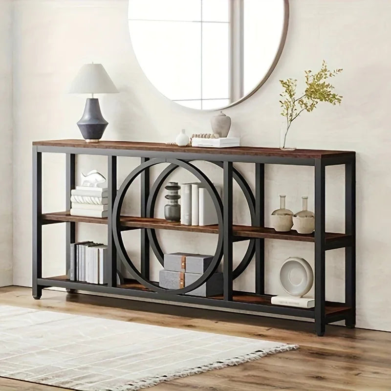 LITTLE TREE 70.9 inch Sofa Console Table, Extra Long Narrow Entryway Tables with 3 Tier Wood Storage Shelves Metal Frame for Foyer Hallway Living Room Behind Couch - House Of Avana