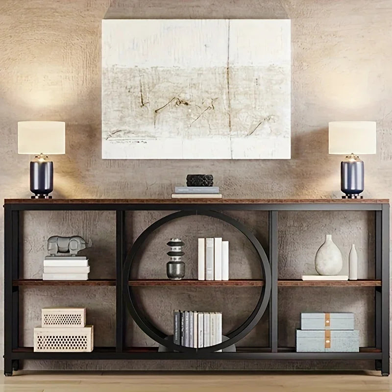LITTLE TREE 70.9 inch Sofa Console Table, Extra Long Narrow Entryway Tables with 3 Tier Wood Storage Shelves Metal Frame for Foyer Hallway Living Room Behind Couch - House Of Avana