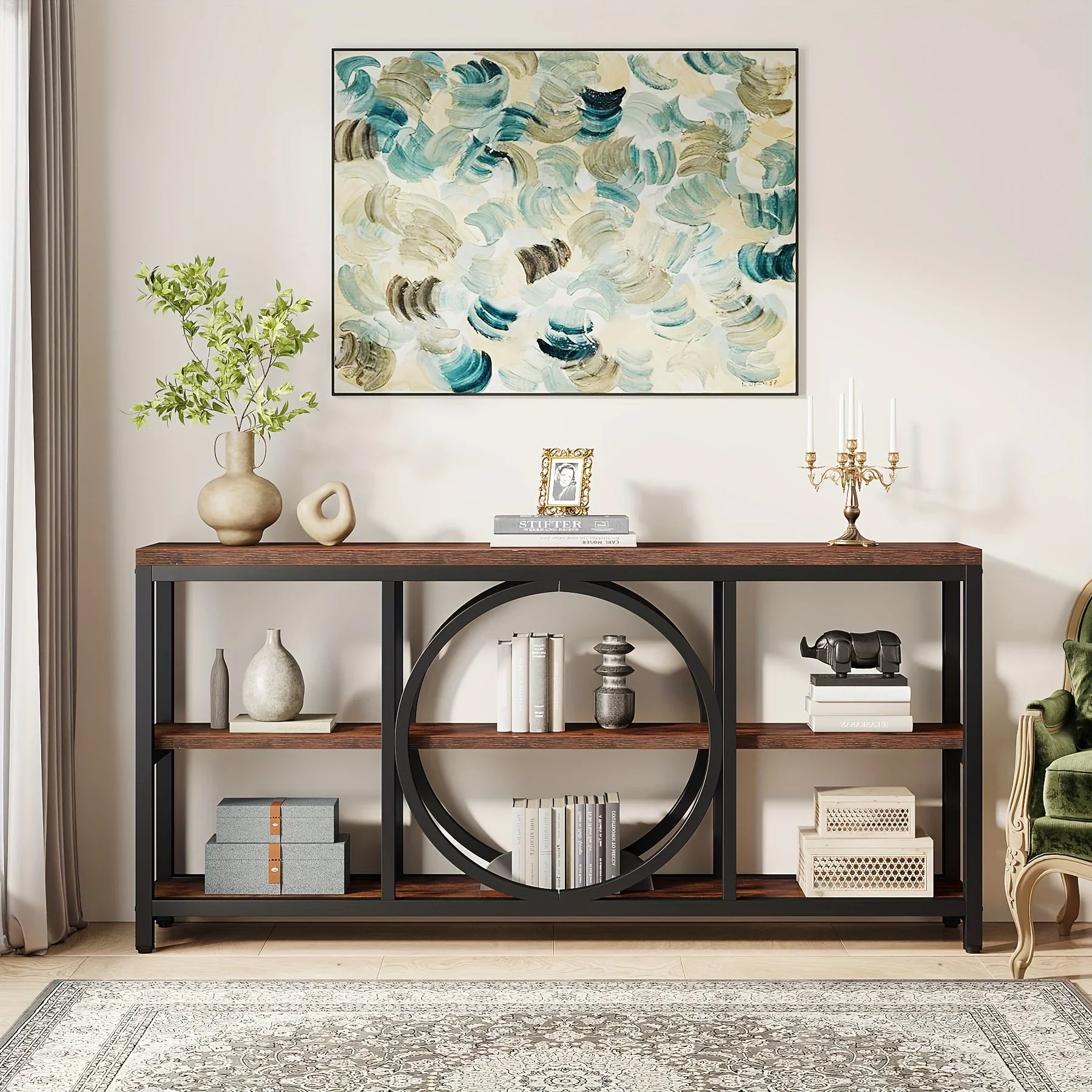 LITTLE TREE 70.9 inch Sofa Console Table, Extra Long Narrow Entryway Tables with 3 Tier Wood Storage Shelves Metal Frame for Foyer Hallway Living Room Behind Couch - House Of Avana