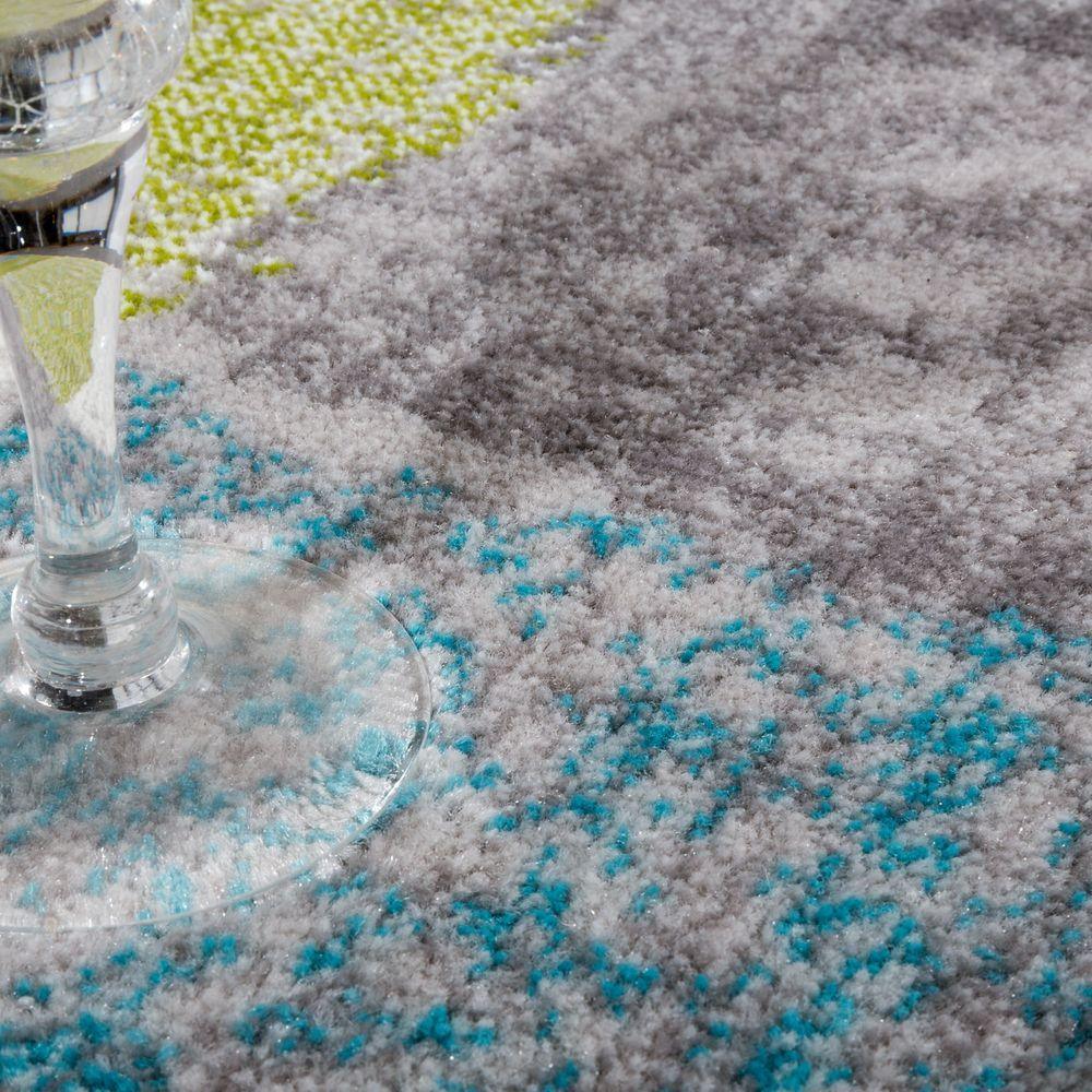Living Room Rug Designer Striking Colour Combination Check Turquoise Green Grey, side view - House Of Avana